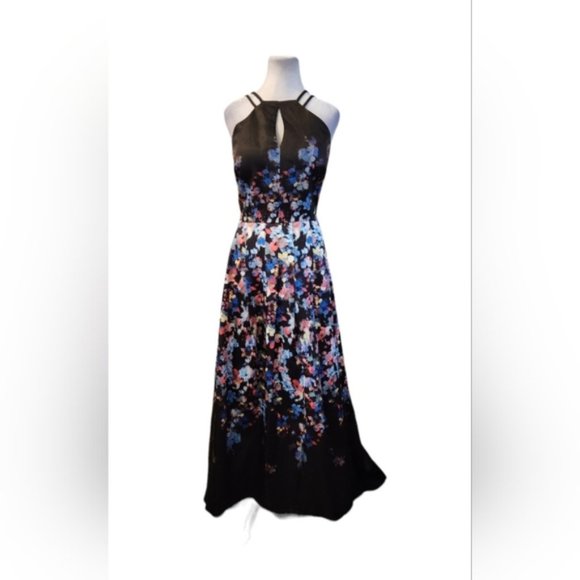 SOLD - Floral Rose Print Maxi Dress/Gown with Full Skirt and Trail. Open Back - Picture 11 of 12